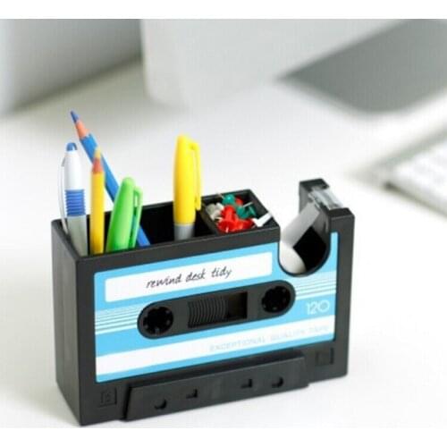 Retro Cassette Tape Dispenser Pen Holder Pencil Organizer Container Desk Pen Holder Tape Cutter Office Stationery Supplier