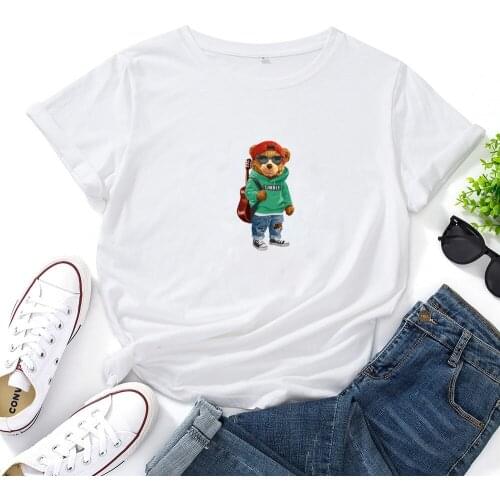Guitar Bear Graphic Tee Shirt Women Fashion Trend Woman Tshirt Top Simple Wild T Shirt Women Casual Short Sleeve Camisas Mujer