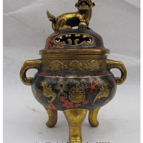 China Brass Copper Cloisonne Fu Foo Dog Lion Bat Longevity Incense Burner Censer