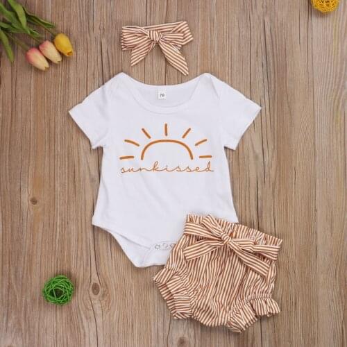 Pudcoco Newborn Baby Girl Clothes Short Sleeve Print Romper Tops Striped Short Pants Headband 3Pcs Outfits Cotton Clothes Set
