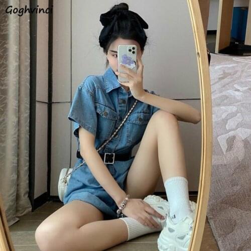 Playsuits Women Summer Solid Denim Plus Size Trendy Leisure High Waist Pockets Buttons Stylish Rompers Cargo Style Slim Korean