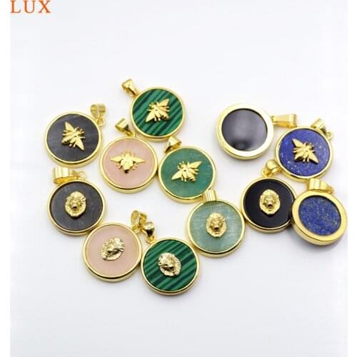 Bee Lion Round Gems Stone Pendants Gold-Plated Amethysts Rose Quartzs Lapis Amazonite Black Onyx Agates Coin Charms For Jewelry