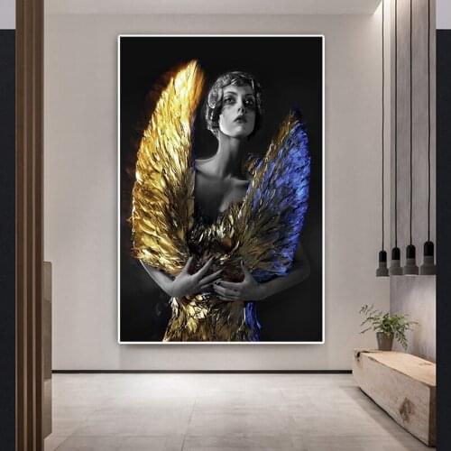With Golden wings Woman Abstract Canvas Painting Wall Art Print Poster Picture Decorative Painting Living Room Home Decoration