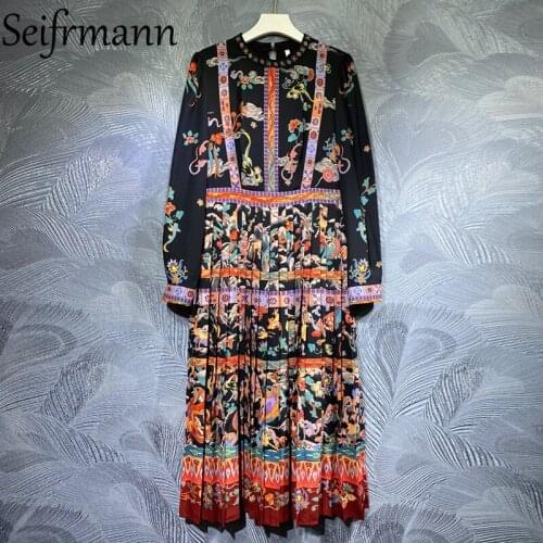 Seifrmann New 2021 Autumn Women Fashion Designer Party Pleated Dress Lantern Sleeve Vintage Print Elegant Midi Dresses Vestidos