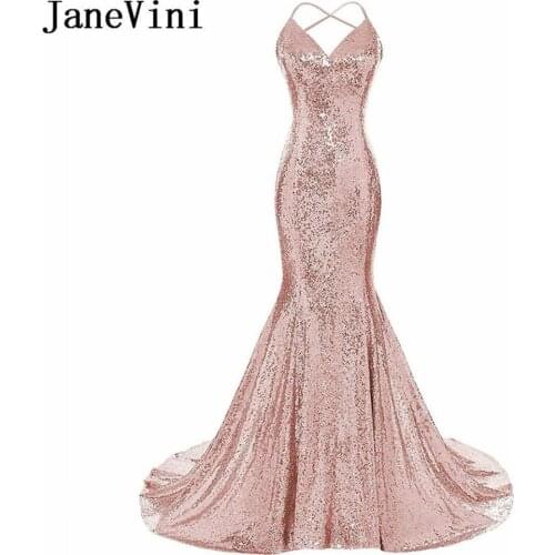 JaneVini Sexy Rose Gold Bridesmaid Dress Long Luxury Sequins Mermaid Wedding Guest Dresses for Women demoiselle d’honneur 2020