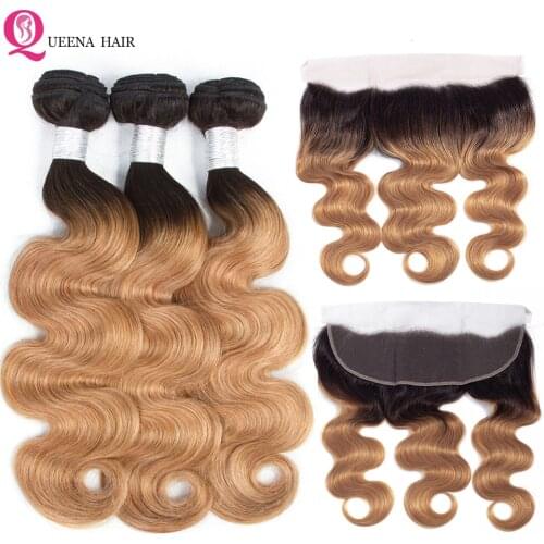 Ombre Blonde Bundles With Frontal Closure Colored 1B/27 Cambodian Hair Frontal With 2/3/4 Bundles Body Wave Bundles With Frontal