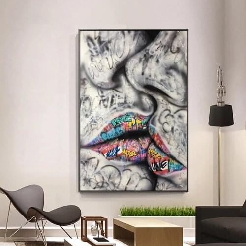 Street Wall Graffiti Art Canvas Paintings Abstract Art Canvas Art Prints Lover Kissing Picture For Living Room Cuadros Decor