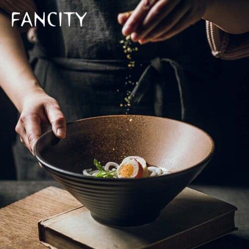 FANCITY Japanese ceramic bowl, household large ramen bowl, rice bowl, noodle soup bowl, creative tableware set, commercial hat b