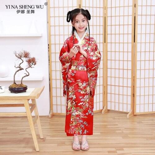 Japanese Costumes Children Girls Kimono Dress with Obi Bathing Robe Yukata for Girls Cosplay Wear 120-150cm Girls Kimono Clothes