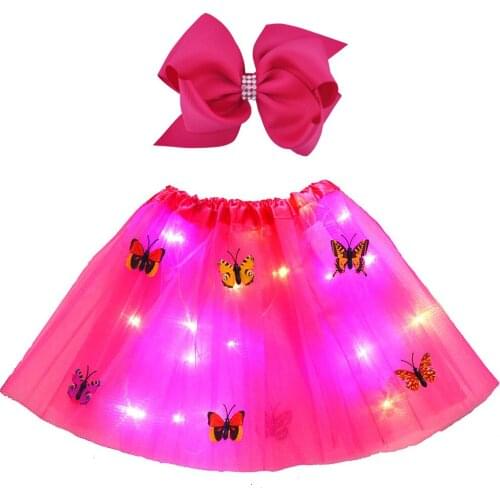 Girls LED Luminous Layered Tulle Tutu Skirt with Hairbow Hair Clip Dressed Up Kids Halloween Decor Butterfly Lights Halloween