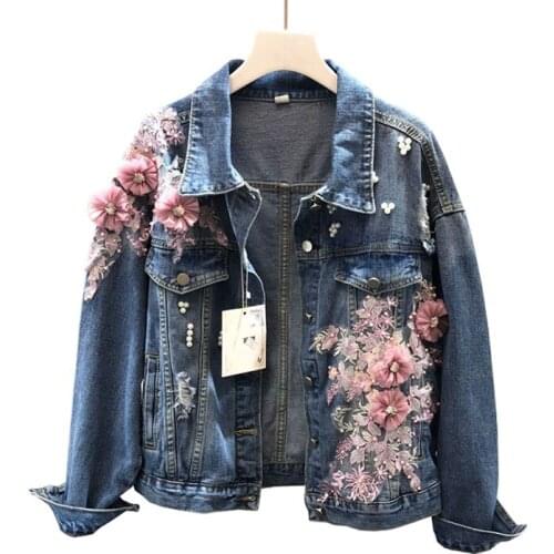 2020 Autumn Flower Beading Jackets Chic Pearl Denim Jacket Tops For Women Blue Coat Chaqueta Mujer