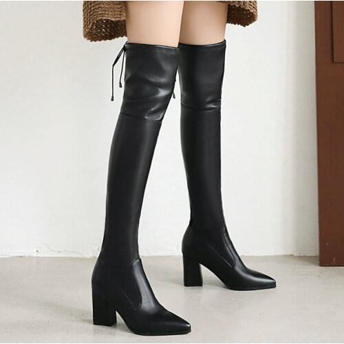 Autumn Winter Fashion Over The Knee Boots Women Zipper Square High Heel Thigh Boots Ladies Pointed Toe Cross Tied Shoes Woman