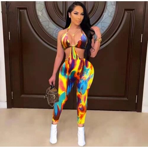 VAZN 2021 New Print Elegant Sleeveless Bandage Shinny Pleated Sexy Lady Women Party Beach Jumpsuits Full Pant Bandage Rompers