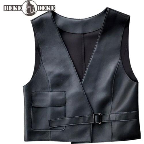 Womens Vest Casual Slim Fit Genuine Leather Sleeveless Jacket Office Ladies Black Fashion V Neck Sheepskin Waistcoat Short Tops