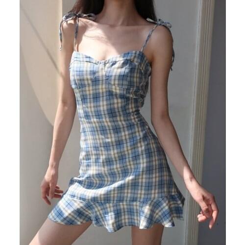 2021 New Retro Blue Plaid Fish Tail Dess French Dress Sling High Waist Pleated Dress