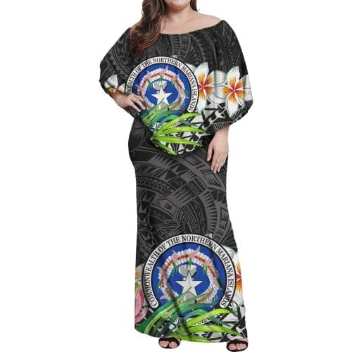 Hycool Vintage Hibiscus Print Black Ruffle Bodycon Maxi Dress Custom Polynesian Frill Dress Women Off Shoulder Dress With Shawl