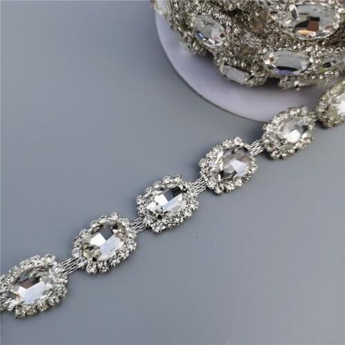 1 feet Rhinestone Crystal Chain Bling Diamante Lace Diamond Trim Ribbon Necklace Applique Gem Sparkle Wedding Dress 0.59" Width