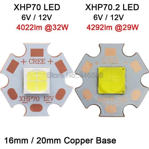2pcs/lot CREE XHP70 XHP70.2 XHP-70 2nd Generation Cool White Neutral White Warm White LED Didoes 6V 12V on 16mm 20mm Copper PCB