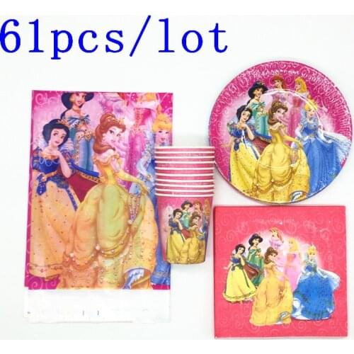 61Pcs/Lot Disney Six Princess Theme Design Gift Bags Snow White Paper Tableware Birthday Party Decoration Theme Party Supplies