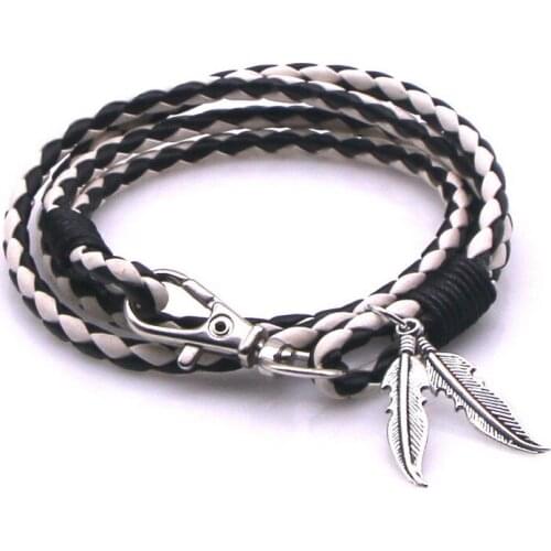 White + Black Mens Leather Bracelet Leather Bangles for men Lobster Buckle Braided Multi Layer Wrap Bracelet Man