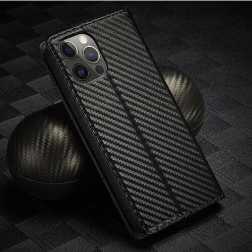 Flip Leather Case for iPhone 13 12 Mini 11 Pro Max XS X XR SE 2020 7 8 Plus Magnetic Wallet Stand Holder Carbon Fiber Cover