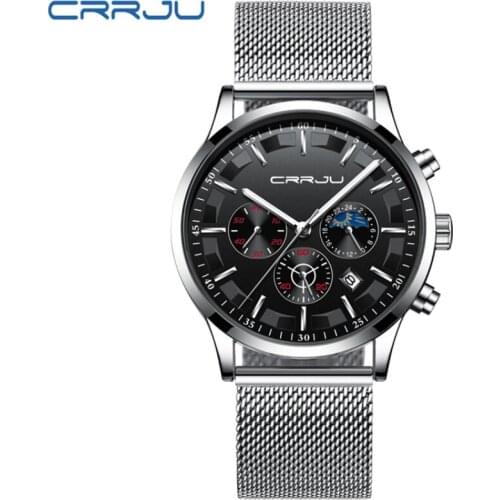 CRRJU Top Luxury Brand Quartz Chronograph Watch Men Steel Mesh Waterproof Sport Watch Auto Date Fashion Silver Relogio Masculino