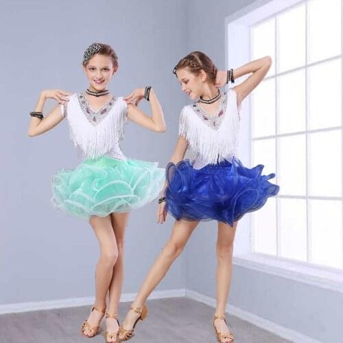 Childrens Latin Dance Dress Girls Latin Dance Skirt Dress Shrimp Tassel Diamond Leotard Gymnastics Leotard D-0717