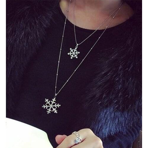 Full Drilled Snowflake Double Long Necklace Decorative Necklace Female Pendant Necklace Sweater Chain Clothes Accessories