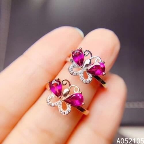 KJJEAXCMY fine jewelry 925 sterling silver inlaid Natural pyrope garnet women fresh elegant butterfly adjustable gem ring suppor
