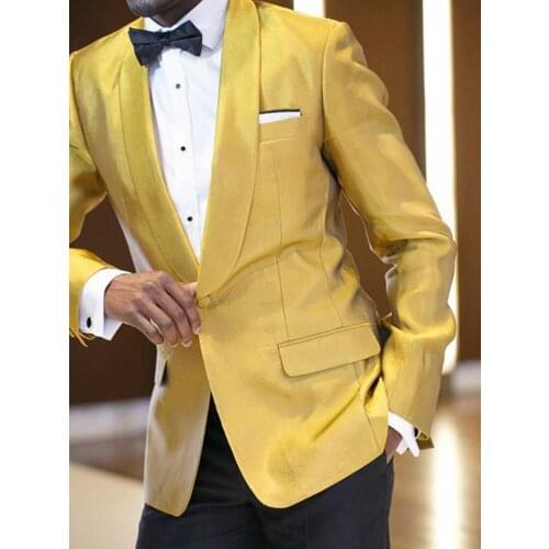 Handsome Shiny Yellow Mens Evening Dress Toast Suits Coat Blazer Prom Party Clothing Groom Tuxedos (Jacket+Pants+Tie) W:496