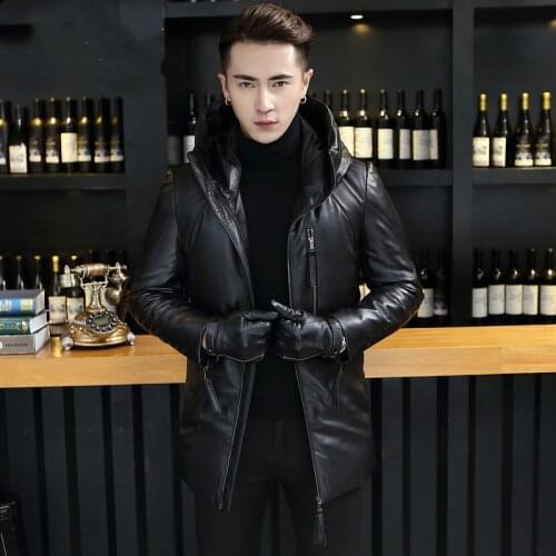 Genuine Leather Jackets For Men Winter Warm Thick Hooded Down Coat 2020 Top Quality Plus Size Outwear 1622 MF419