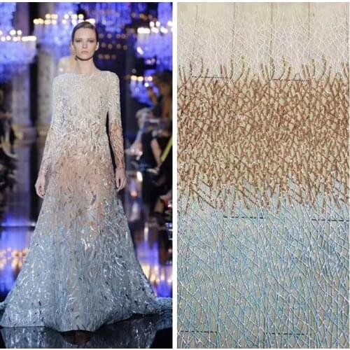 LASUI 2019 NEW 1 yard=1 piece FOR Elegant Evening dress skirt High-grade blue mix gold +white sequins mesh lace fabric W0148