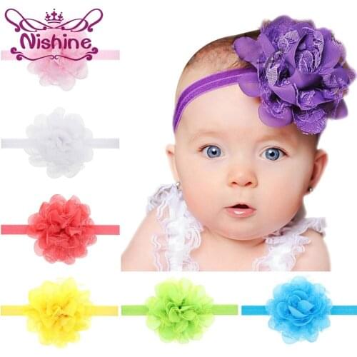 Nishine 15 Colors Lace Flower Kids Lovely Girls Hairband Chiffon Flower Elastic Headband Headwear Hair Accessories