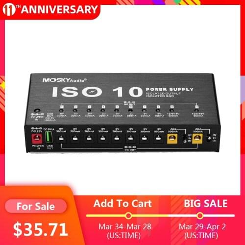 MOSKY ISO-10 Quality Guitar Effect Power Supply Station 10 Isolated DC Outputs & One 5V USB Output for 9V 12V 18V Guitar Effects