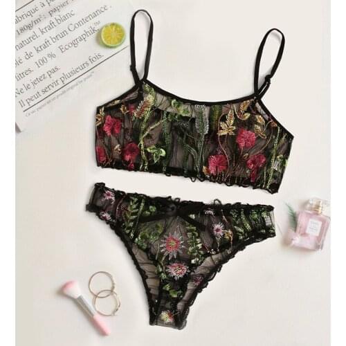 Newest Arrival Women Sexy Lingerie Set Floral Embroidered Sheer Mesh Bra+Panty 2 Piece Nightwear Exotic Set Exotic Apparel