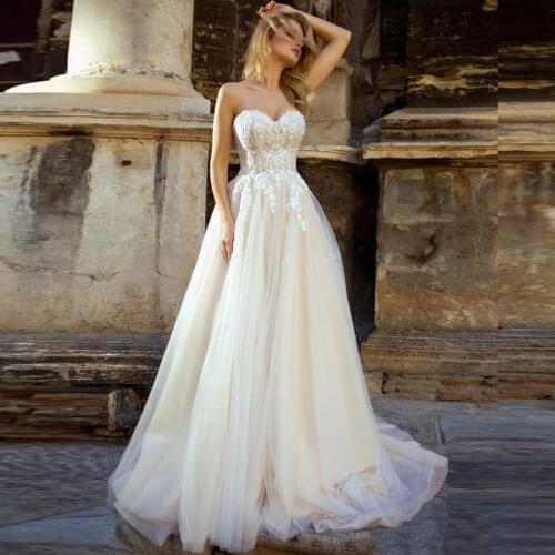 Charming Sweetheart A-Line Champagne Wedding Dresses Appliques Lace up Back Tulle vestido de novia Bridal Gown