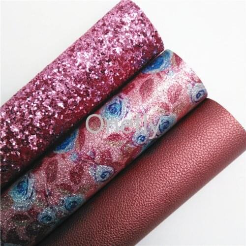 Onefly 21x29cm Pink Glitter Fabric Metallic Litchi Synthetic Leather, Flowers Printed Leather For Bow DIY handbags shoes BQ068