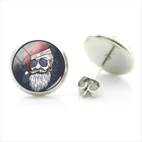 JWEIJIAO Merry Christmas Round Stud Earrings Santa Claus 2020 Glass Cabochon Dome Art Earrings Jewelry for gift ideas