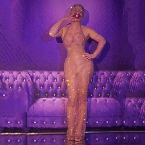 Sexy Perspective Rhinestone Dress Prom Stage Costume Halter Long Dress Birthday Celebrate Outfits Women Singer Show Nude Clothes