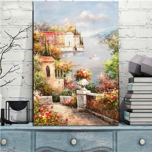 Modern Abstract Mediterranean Sea Garden Landscape Oil Painting Poster and Prints on Canvas Wall Picture for Home Decoration