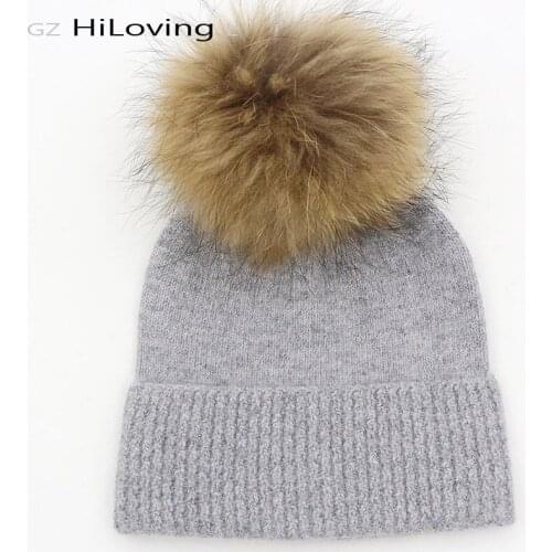 GZHilovingL Autumn Winter Soft Real Fur Pom Pom Knitted Beanies Hat 5-15Years Child Kids Boys Girls News Warm Wool Gorros Caps