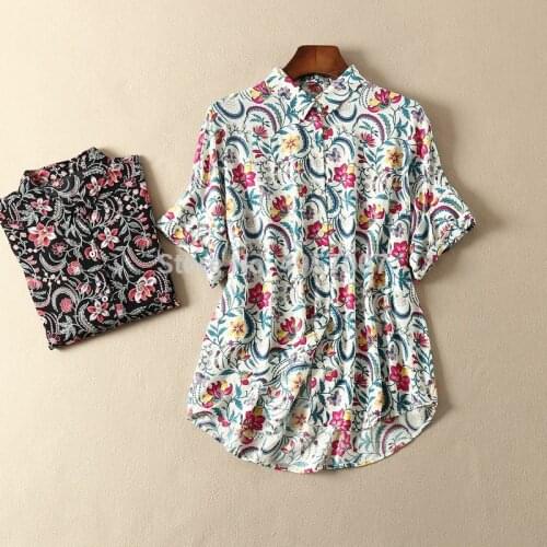Silk & Cotton Floral Print Short Sleeve Lapel Blouse Shirt - 2019ss Women Fashion Casual Shirt Top