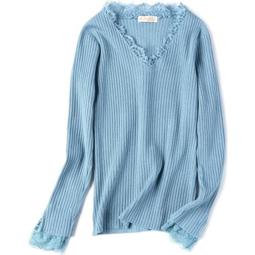 V-neck Bottoming Shirt Women Eyelash Lace Knitwear Long-sleeved Slim Pullover Top Feminine In 2020 Autumn New