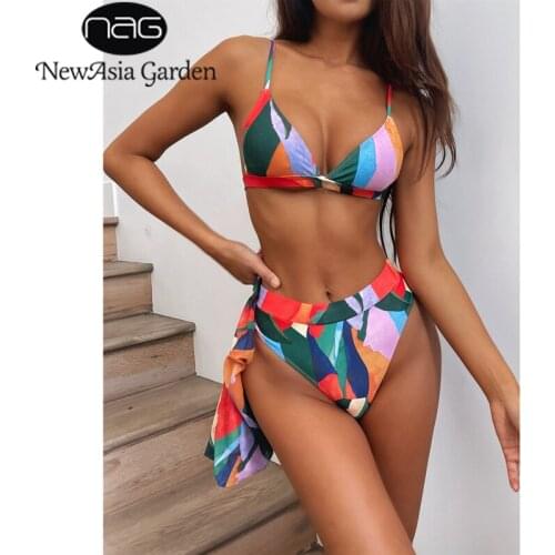 NewAsia Print 3 Piece Swimsuit Spaghetti Strap Bikinis Set Short Sleeve Mesh Tie up Crop Top Women Casual Chic Beach Swimwear