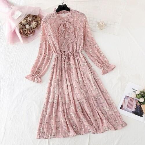 Women Dress 2020 Spring summer New Chiffon Bow Neck Elegante A-line Full Sleeve Vintage Pleated Dress Floral Casual Vestidos