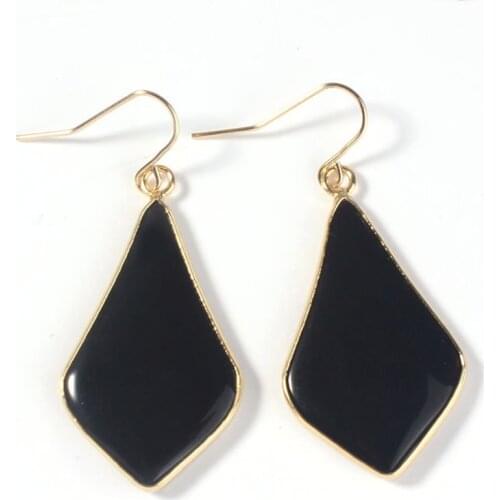 100-Unique 1 Pair Light Yellow Gold Color Black Onyx Water Drop Shape Stone Earrings Elegant Womens Earring