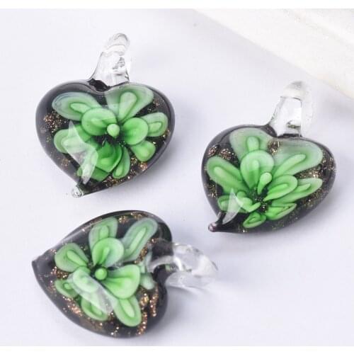 3pcs 22mm Heart Shape Green Flower Handmade Lampwork Glass Pendants for Jewelry Necklace Making DIY Crafts Findings