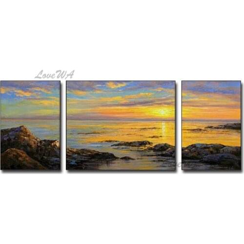 3 Pieces Sea Scenery Oil Painting Art Wall Decoration Artwork 100% Hand-painted Free Shipping Painting Canvas Artwork To Bedroom