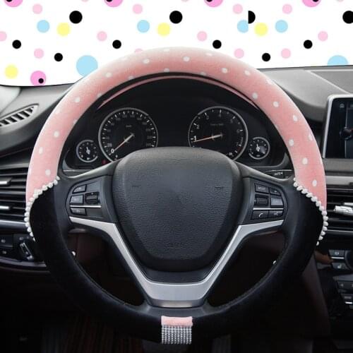 Cartoon Dot Car Steering Wheel Cover Winter Plush with Crystal Bling Auto Accesorios Interior For Girls and Women