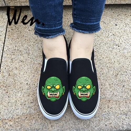 Wen Design Cartoon Green Monster Tusky Zombie Face Skate Men Canvas Shoes Slip On Flats Women Sneakers Black White 2 Choices